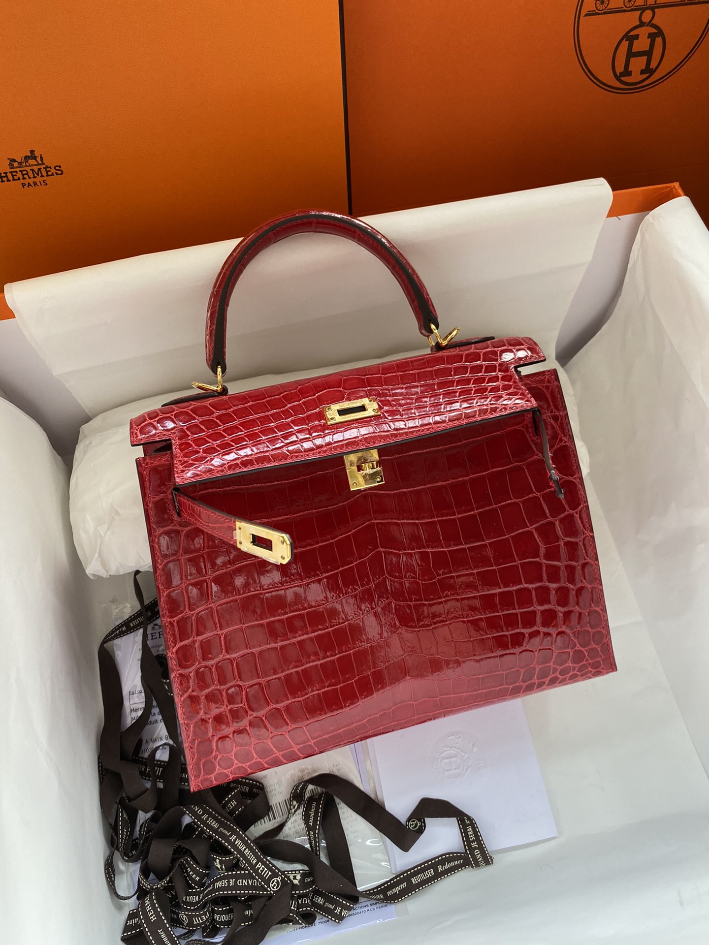 Hermes Kelly 25cm Handbag Shoulder Bag In Red Shiny Crocodile Niloticus Leather